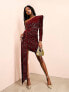 ASOS LUXE one shoulder asymmetric draped mini dress in burgundy sequin