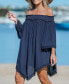 ფოტო #2 პროდუქტის Women's Navy Off Shoulder Asymmetrical Hem Cover-Up Beach Dress