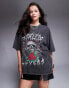 Фото #2 товара ASOS DESIGN Curve boyfriend fit t-shirt with skull and roses rock sequin graphic in washed charcoal