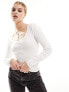 New Look bow lace trim sweetheart neck long sleeve top in off white