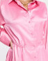 ASOS DESIGN Tall shoulder pad gathered waist mini satin shirt dress in pink