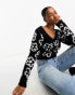 Фото #1 товара Monki fluffy knit shrunken long sleeve sweater in black mono floral jacquard