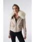 Women's Detachable Natural Shearling Collar Jacket, Jumbo Pattern Beige