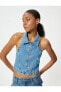 Фото #2 товара Halter Yaka Denim Crop Top Fermuarlı Sırt Dekolteli Slim Fit