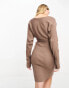 Фото #2 товара Vero Moda wrap belted long sleeve knitted mini dress in brown