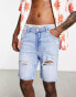 Bershka ripped denim short in mid blue