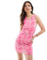 Pieces frill detail mesh mini dress in pink rose print