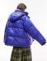 Topshop – Mittellange Oversized-Pufferjacke in Blau mit abnehmbarer Kapuze