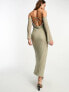 ASOS DESIGN cold shoulder long sleeve tie front bias maxi dress in khaki