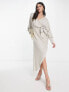 ASOS DESIGN linen batwing tie side midi dress with asymmetric skirt in natural