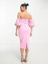 Фото #5 товара ASOS DESIGN Petite bardot puff sleeve midi dress with floral sequin embellishment in pink