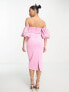 ASOS DESIGN Petite bardot puff sleeve midi dress with floral sequin embellishment in pink