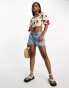 Фото #4 товара Neon Rose cherry print bow detail shirred crop top in cream