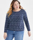 ფოტო #1 პროდუქტის Plus Size Printed Scoop-Neck Long-Sleeve Top, Created for Macy's