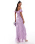 Фото #4 товара ASOS DESIGN frill bardot bias cut maxi dress in floral jacquard in lilac