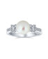 Traditional Timeless Wedding Pave CZ Band White Cultured Button Pearl Solitaire Engagement Promise Ring For Women Side Stones Rhodium Plated 8MM