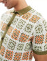 ASOS DESIGN knitted crochet button through polo in khaki and orange