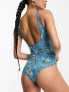 Фото #2 товара Monki tie front swimsuit in blue floral print