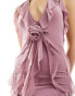 Murci exclusive mesh deep plunge ruffle trim high low maxi dress in pink