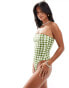 ASOS DESIGN Petite sleek bandeau swimsuit in green gingham