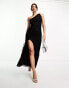 Flounce ruched mesh maxi dress with frill detail in black