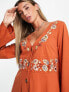 ASOS DESIGN long sleeve button down waisted mini dress with floral embroidery in rust