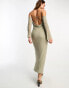 ASOS DESIGN cold shoulder long sleeve tie front bias maxi dress in khaki