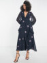 ASOS DESIGN shirred waist button through midi tea dress with all over embroidery in charcoal and purple