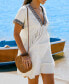 Фото #3 товара Women's Beige Boho Trim Plunging Mini Beach Dress