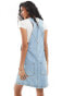 DTT denim pinafore dress with pockets in mid blue