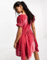 ASOS DESIGN velvet prairie mini dress with ribbon trim in dark rose