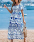 Women's Ornate Square Neck Smocked Bodice Midi Beach Dress