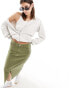 Фото #4 товара Monki denim midi skirt with split in khaki green wash