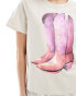 Monki short sleeve t-shirt in light beige with cowboy boots front print