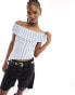 Reclaimed Vintage asymmetrical off shoulder knitted top in baby blue