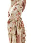 ASOS DESIGN asymmetric ruffle hem maxi dress with tie back in tapestry floral print