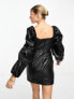 Miss Selfridge faux leather long sleeve corset dress with puff sleeve in black