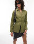 Topshop crinkle textured pocket shirt in olive