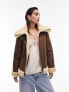 Фото #7 товара Topshop faux suede shearling zip front oversized aviator jacket with double collar detail in tan