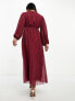 ASOS DESIGN Petite pleated metallic dobby chiffon wrap button detail maxi dress in burgundy