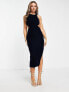 ASOS DESIGN halter velvet midi dress with wrap waist detail in navy