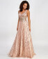 Фото #3 товара Juniors' Glitter-Lace Embellished-Waist Plunge-Back Gown