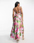 ASOS DESIGN satin ruched ruffle maxi dress with button detail in pink floral