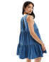 Фото #4 товара ASOS DESIGN soft denim smock tiered mini dress in midwash blue