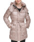 Karl Lagerfeld Womens Shine Hooded Short Belted Puffer Coat