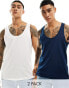 ASOS DESIGN 2 pack vests in navy and white