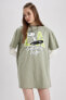 Coool Snoopy Oversize Fit Penye Mini Kısa Kollu %100 Pamuk Elbise A0731ax23sm