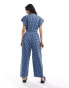 Monki seersucker tie waist jumpsuit in blue and black gingham