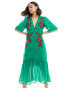 Hope & Ivy embroidery midi dress with ruched detail in green