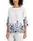 Фото #1 товара Women's 100% Linen Embroidered 3/4-Sleeve Top, Created for Macy's